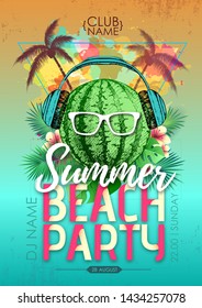 Summer beach party disco poster with watermelon and tropic leaves