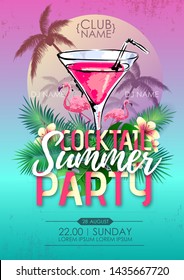 Summer beach party disco poster with cocktail and tropic leaves