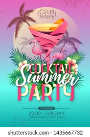 Summer beach party disco poster with cocktail and tropic leaves