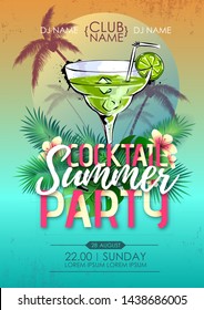 Summer beach party disco poster with cocktail and tropic leaves