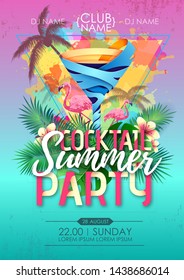 Summer beach party disco poster with cocktail and tropic leaves