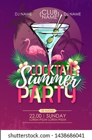 Summer beach party disco poster with cocktail and tropic leaves