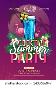 Summer beach party disco poster with cocktail and tropic leaves