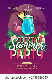 Summer beach party disco poster with cocktail and tropic leaves