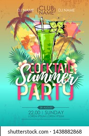 Summer beach party disco poster with cocktail and tropic leaves