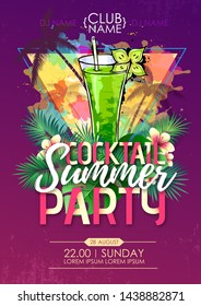 Summer beach party disco poster with cocktail and tropic leaves
