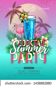 Summer beach party disco poster with cocktail and tropic leaves