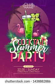 Summer beach party disco poster with cocktail and tropic leaves