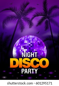 Summer beach party disco poster design with disco ball element. Vector beach party flyer with palm. Music beat template.