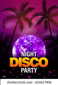 Summer beach party disco poster design with disco ball element. Vector beach party flyer with palm. Music beat template.