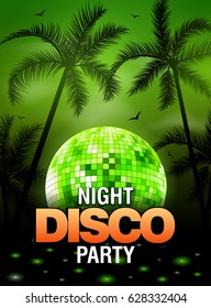 Summer beach party disco poster design with disco ball element. Vector beach party flyer with palm. Music beat template.