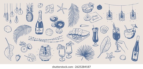 Summer beach party doodle elements. Summer lights, boho garland. Holiday drawings. Hand drawn illustration of drinks, cocktails, palm leaves, shells and fruits isolated. Graphic sketches background.