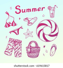 Summer beach party doodle set. Vector hand drawn illustration for your design.