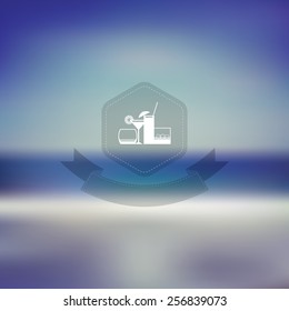 Summer beach party drinks poster with badge and ribbon, glasses line icons. Gradient mesh sea background. Eps10 vector illustration.