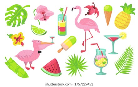 Summer beach party elements set. Tropical cocktails, Caribbean pink flamingo, Hawaiian fruits, food and palm leaves. Vector illustration for vacation in Bali, holidays, paradise concept