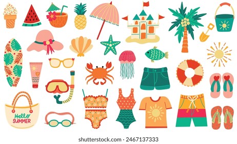 Summer beach party elements set. Pool party summer vacation essentials. Swimwear, flip flops, tropical treats, sea creatures, summer fashion. Hand drawn vector illustrations.