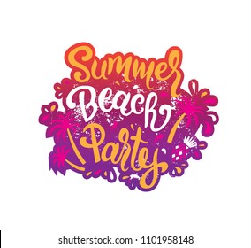 Summer Beach party emblem, sign. For poster, invitation, banner. Palm trees silhouette on the beach. Vector illustration EPS 10.