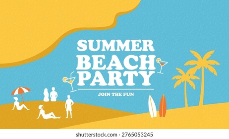 Summer Beach Party Event Poster with People Silhouettes Palm Trees Surfboards and Tropical Lifestyle Scene Design