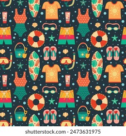 Summer Beach Party Fashion on Marine Blue Seamless Pattern Design