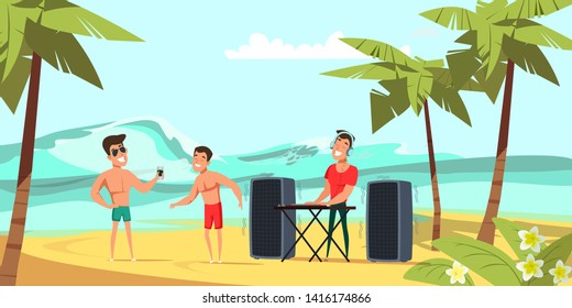 Summer beach party flat vector illustration. Young men in swimming trunks and dj cartoon characters. Tropical resort recreation, holiday entertainment. Music and dancing festival, summertime show