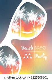 Summer Beach Party Flyer Design with Sunglasses on Blurred Background - Vector Illustration