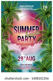 Summer Beach Party Flyer Design with typographic design on nature background with palm trees. vector poster, banner, card