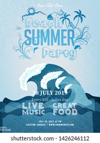 Summer Beach Party Flyer Design with summer icons and typographic elements on ocean landscape background. With this poster design you will grab everyone’s attention