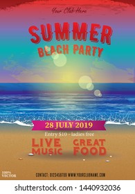 Summer Beach Party Flyer Design with summer icons and typographic elements on ocean landscape background. With this poster design you will grab everyone’s attention.