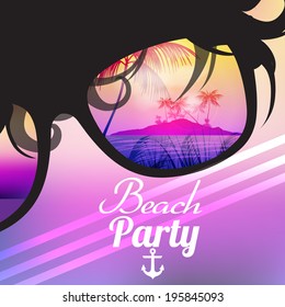 Summer Beach Party Flyer Design with Sunglasses on Blurred Background - Vector Illustration