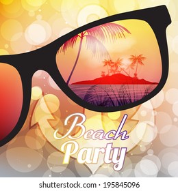 Summer Beach Party Flyer Design with Sunglasses on Blurred Background - Vector Illustration