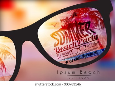 Summer Beach Party Flyer Design With Sunglasses On Blurred Background - Vector Illustration