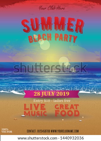 Summer Beach Party Flyer Design with summer icons and typographic elements on ocean landscape background. With this poster design you will grab everyone’s attention.
