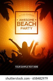 Summer Beach Party Flyer Editable Vector Template | A4 Size Design Concept with Dancing Young People Silhouette Below Palm Trees at Sunset