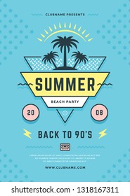 Summer beach party flyer or poster template 90s typography style design. Vector illustration.