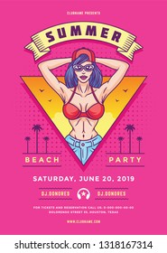 Summer beach party flyer or poster template 90s pop art typography style design. Vector illustration.