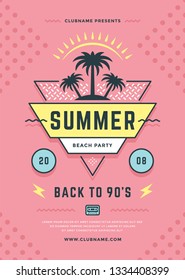 Summer beach party flyer or poster template 90s typography style design. Vector illustration.