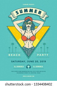 Summer beach party flyer or poster template 90s pop art typography style design. Vector illustration.