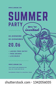 Summer beach party flyer or poster template duotone pop art typography style design. Vector illustration.