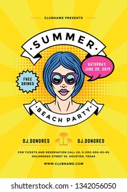 Summer beach party flyer or poster template 90s pop art typography style design. Vector illustration.