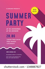 Summer beach party flyer or poster template modern typography style design. Vector illustration.