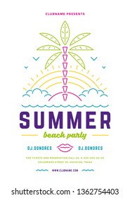 Summer beach party flyer or poster template modern lines typography style design. Vector illustration.