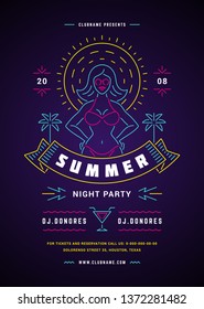 Summer beach party flyer or poster template neon signage lights typography style design. Vector illustration.