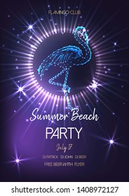 Summer beach party flyer, poster template with glowing low polygonal flamingo, light circle, rays, stars and text on dark blue and purple background. Futuristic wireframe design vector illustration.