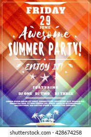 Summer Beach Party Flyer or Poster. Summer Night Party. Vector Design Template with Colorful Abstract Background