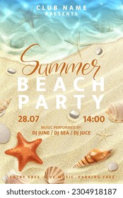 Summer beach party flyer, realistic seashell, stones and starfish, vector background. Summer holiday beach party invitation or welcome entry poster for music festival or entertainment event at sea