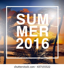 Summer Beach Party Flyer. Summer sunset vector lettering background. Tropic Summer fun vacation and travel. Tropical poster colorful background and palm exotic island.