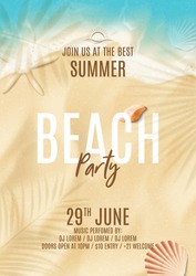 Summer Beach Party Flyer Template. Vector Illustration With Top View On Ocean Scene With Seashells, Soft Waves And Plant's Shadows. Invitation To Nightclub.