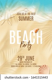 Summer beach party flyer template. Vector illustration with top view on ocean scene with seashells, soft waves and plant's shadows. Invitation to nightclub.