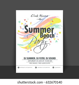 Summer Beach Party Flyer, Template or Banner design with colorful brush strokes.