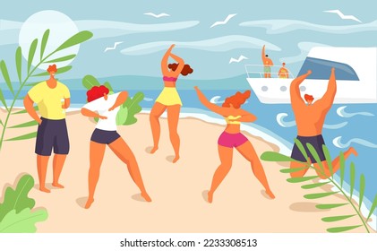 Summer beach party at fun vacation holiday, vector illustration. Young girl boy group dance near sea, happy man woman people in bikini.